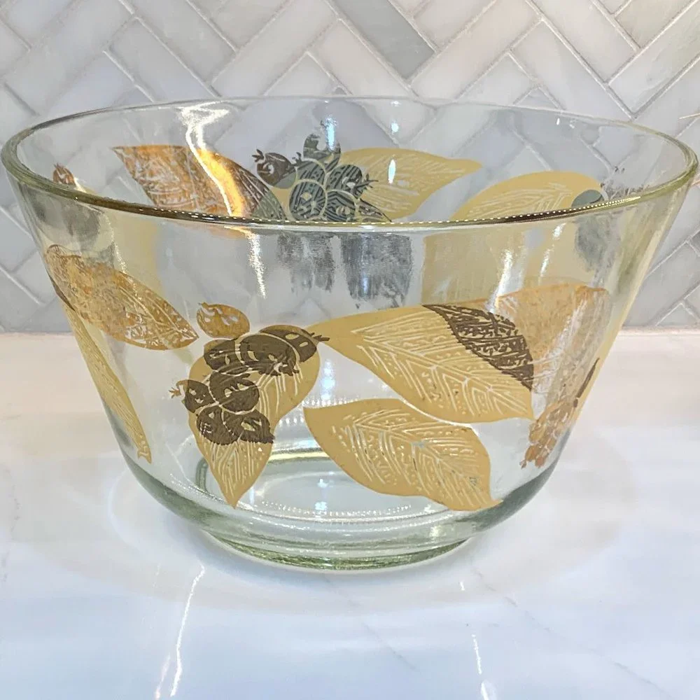 Vintage MCM Salad Bowl -Gold Leaf and Berries -Large